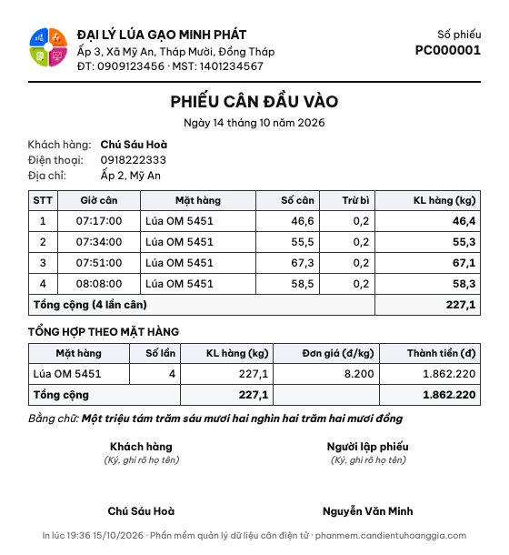Mẫu phiếu cân đầu vào khổ A5 có thành tiền