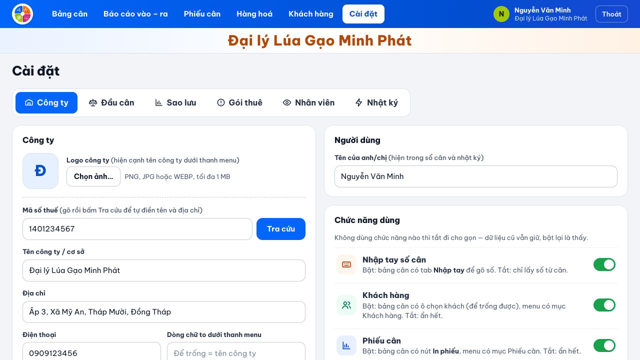 Cài đặt thông tin công ty và chức năng dùng